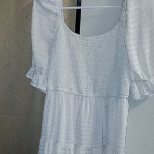 White Textured Dress with Puff Sleeves